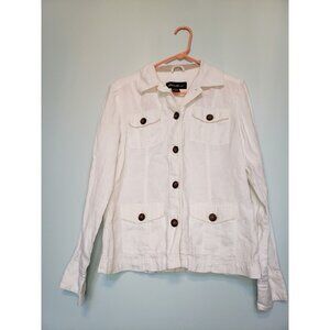 Eddie Bauer Women's Sz M White 100% Linen Button Front Jacket Top Long Sleeve